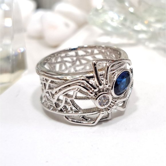 Blue Sapphire Black Widow Spider Stainless Statement Ring - Picture 6 of 13